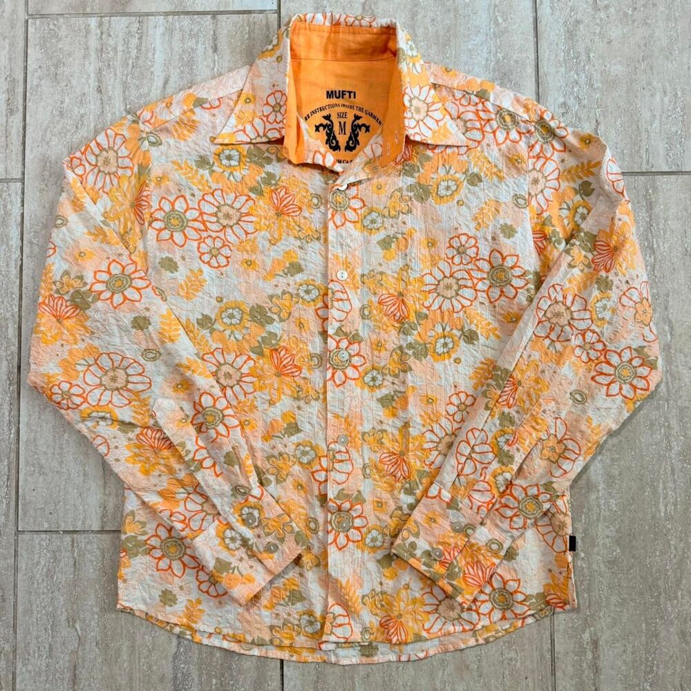 Vtg 70s style Winged Collar Flower Power Orange Button down hippie groovy Sz M